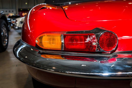 STUTTGART, GERMANY - MARCH 04, 2017: Rear stoplights of sports car Jaguar E-Type, 1962. Europe's greatest classic car exhibition "RETRO CLASSICS"