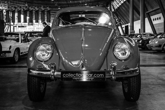 STUTTGART, GERMANY - MARCH 04, 2017: Subcompact Beetle, 1973. Black and white. Europe's greatest classic car exhibition "RETRO CLASSICS"