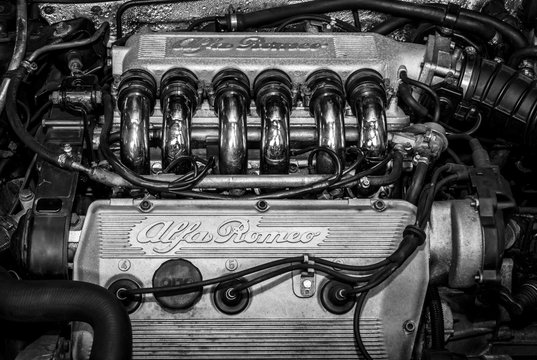 STUTTGART, GERMANY - MARCH 04, 2017: Engine of the Alfa Romeo 164 (Type 164), V6, 3.0, 1992. Black and white. Europe's greatest classic car exhibition "RETRO CLASSICS"
