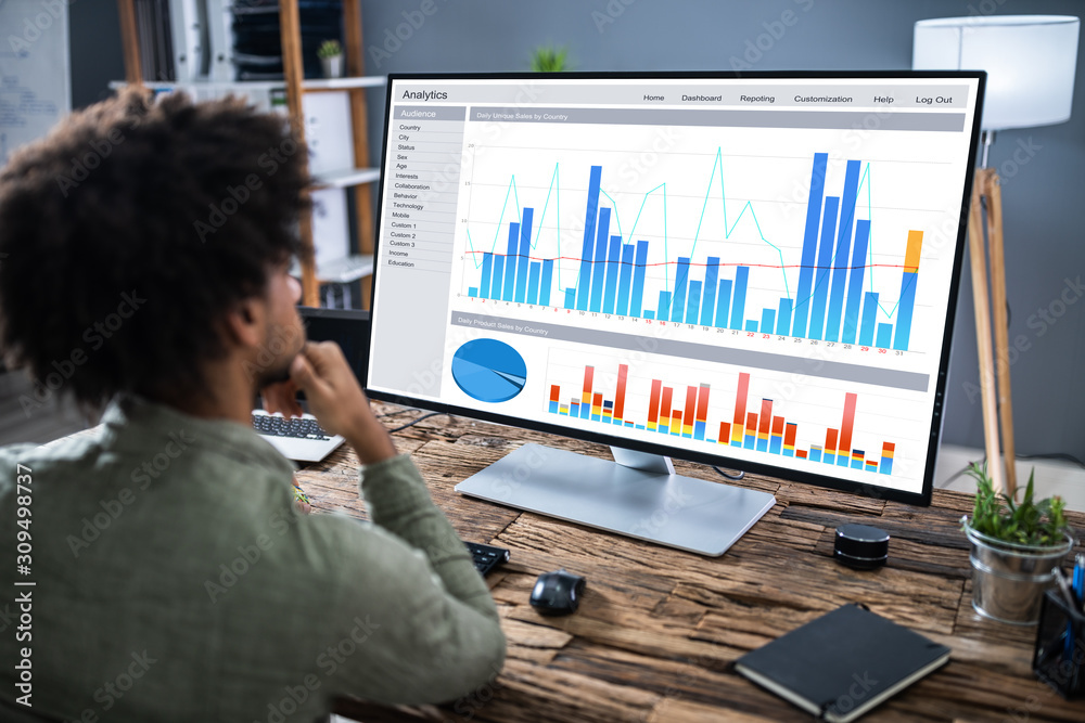 Poster businessman analyzing graph on computer