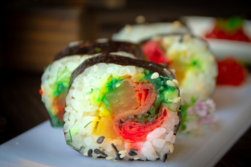 Colorful sushi sashimi, bright image close up