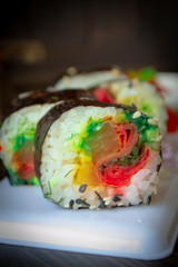 Close up shot of fresh japanese sushi rolls, vartical image