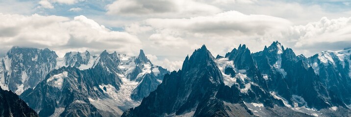 Panorama of the mountains above Chamonix, the Mont Blanc massif and Valee Blanche