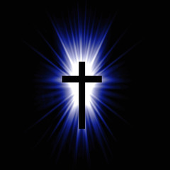 Blue religioush cross with sun rays  shine on the dark