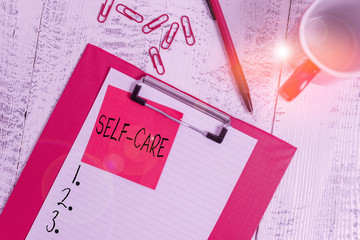 Handwriting text Self Care. Conceptual photo the practice of taking action to improve one s is own...