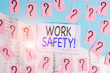 Conceptual hand writing showing Work Safety. Concept meaning policies and procedures in place to ensure health of employees Crumbling papers with thick cardboard on the wooden table