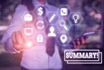 Writing note showing Summary. Business concept for a brief statement or account of the main points of something