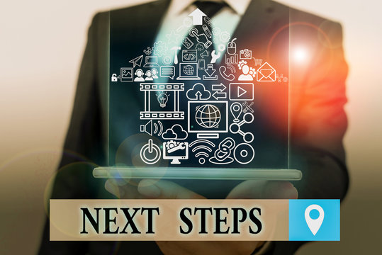 Handwriting text Next Steps. Conceptual photo something you do after you have finished doing first one