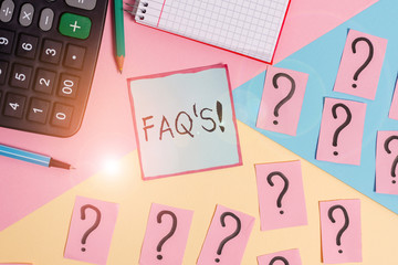 Conceptual hand writing showing Faq. Concept meaning a list of questions and answers relating to a particular subject Mathematics stuff and writing equipment on pastel background