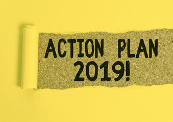 Word writing text Action Plan 2019. Business photo showcasing proposed strategy or course of actions for current year Cardboard which is torn in the middle placed above a wooden classic table