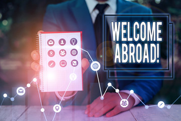 Writing note showing Welcome Abroad. Business concept for something that you say when someone gets...