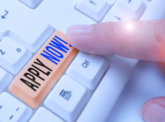 Conceptual hand writing showing Apply Now. Concept meaning request something officially in writing...