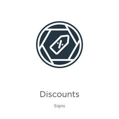 Discounts icon vector. Trendy flat discounts icon from signs collection isolated on white background. Vector illustration can be used for web and mobile graphic design, logo, eps10