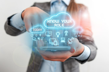 Writing note showing Know Your Role. Business concept for end acting outside who you actually are Play your position