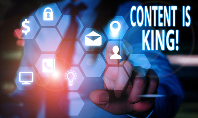 Word writing text Content Is King. Business photo showcasing marketing focused growing visibility non paid search results
