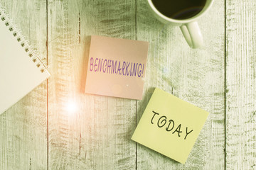 Text sign showing Benchmarking. Business photo showcasing evaluate something by comparison with standard or scores Stationary placed next to a cup of black coffee above the wooden table