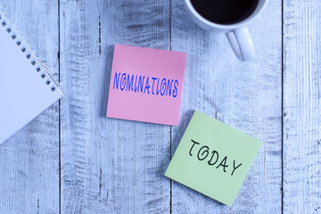 Text sign showing Nominations. Business photo showcasing the act of officially suggesting someone for a job or position Stationary placed next to a cup of black coffee above the wooden table