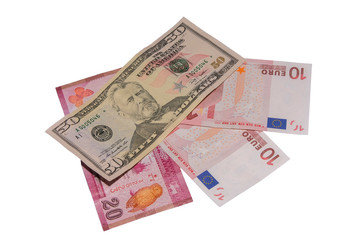  banknotes dollars and euros on a white background