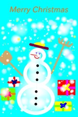 christmas card with snowman and gifts - Lilleaker 