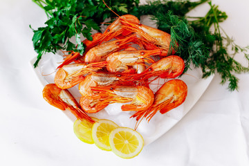 Shrimp on a plate with lemon and dill. White background