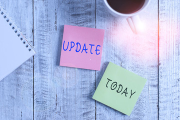 Text sign showing Update. Business photo showcasing by adding new information or making corrections Up to date Stationary placed next to a cup of black coffee above the wooden table