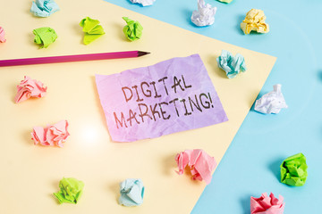 Fototapeta na wymiar Writing note showing Digital Marketing. Business concept for market products or services using technologies on Internet Colored crumpled papers empty reminder blue yellow clothespin