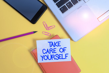 Conceptual hand writing showing Take Care Of Yourself. Concept meaning a polite way of ending a...