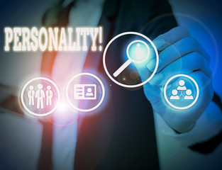 Conceptual hand writing showing Personality. Concept meaning combination characteristics that form...