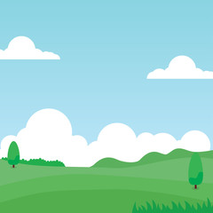 Nature landscape vector. Green meadow cartoon illustration with clouds and blue sky. 