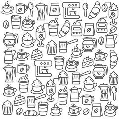 Set of hand drawn coffee doodle vector illustration with cute design suitable for background. Coffee and cafe related vector with cute line design 