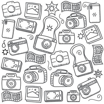 Set of camera and photography vector illustration with hand drawn style. Camera and photography doodles. Photography background 