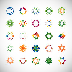 Abstract Circle Icon Set. Vector Isolated On Gray. Abstract Circular Logo For Company Symbol, Star, Tech Icon And Element Design. Creative Icons For Flower And Decorative Logo. Abstract Round Template