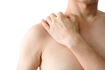 Fototapeta premium men have neck pain, shoulder pain in the room. health concept.