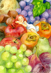 A little fairy girl sleeping on the autumn fruits