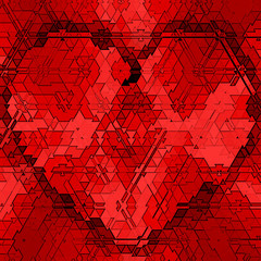 Elegant calligraphy quote inside abstract heart balloon on a red zigzag background.