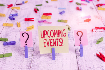 Writing note showing Upcoming Events. Business concept for thing that will happens or takes place soon planned occasion Crumbling sheet with paper clips placed on the wooden table