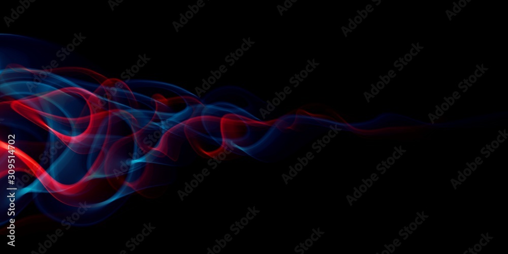 Aufkleber abstract light smoke red and blue color wavy flowing isolated on black in concept of science, techno
