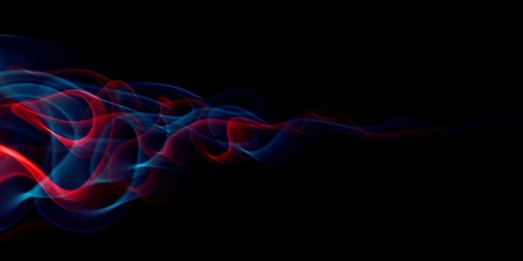 Abstract light smoke red and blue color wavy flowing isolated on black in concept of science, technology, modern.