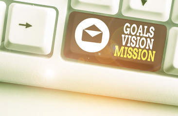 Writing note showing Goals Vision Mission. Business concept for practical planning process used to help community group