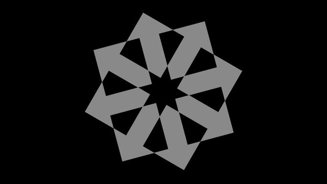 Graphic object in the form of arrows in a circle, in black and white with a stroboscopic and hypnotic effect, which rotates clockwise, decreasing the dimensions that disappear in the center.