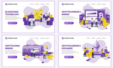 Set of web page design templates for block chain technology and Cryptocurrency concept. Can use for web banner, poster, infographics, landing page, web template. Flat vector illustration