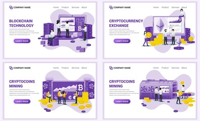 Set of web page design templates for block chain technology and Cryptocurrency concept. Can use for web banner, poster, infographics, landing page, web template. Flat vector illustration