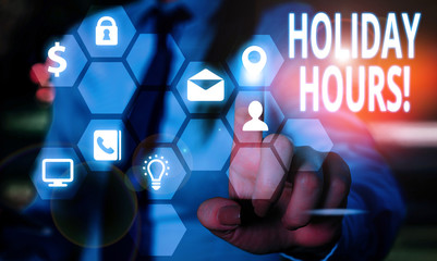 Word writing text Holiday Hours. Business photo showcasing Overtime work on for employees under...