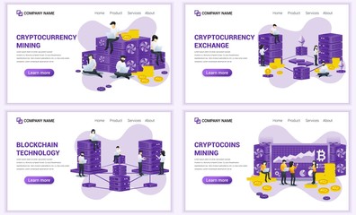 Set of web page design templates for block chain technology and Cryptocurrency concept. Can use for web banner, poster, infographics, landing page, web template. Flat vector illustration