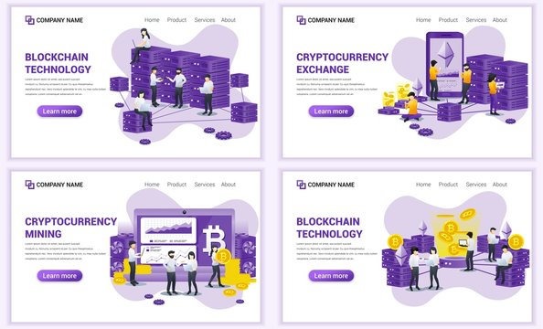 Set of web page design templates for block chain technology and Cryptocurrency concept. Can use for web banner, poster, infographics, landing page, web template. Flat vector illustration
