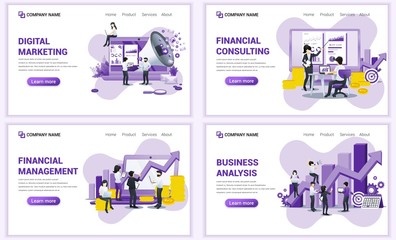 Set of web page design templates for financial analysis, investment and consulting. Can use for web banner, poster, infographics, landing page, web template. Flat vector illustration
