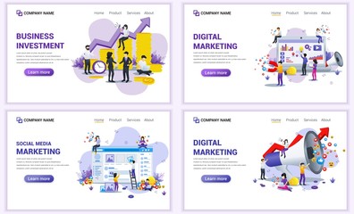 Fototapeta na wymiar Set of web page design templates for digital marketing and investment. Can use for web banner, poster, infographics, landing page, web template. Flat vector illustration