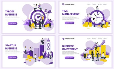 Set of web page design templates for target business, startup, investment, time management. Can use for web banner, poster, infographics, landing page, web template. Flat vector illustration