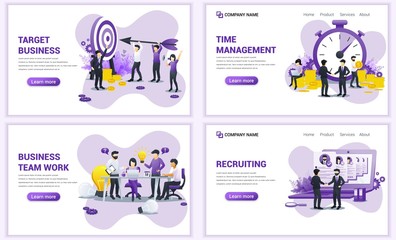 Obraz na płótnie Canvas Set of web page design templates for target business, time management, team work, recruiting. Can use for web banner, poster, infographics, landing page, web template. Flat vector illustration