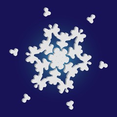 Simple snowflake with shadow on blue background.